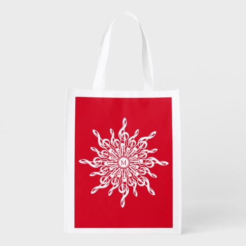 Christmas Red Ornamental Monogram G_Clef Snowflake Grocery Bag