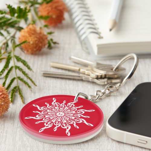 Christmas Red Ornamental Monogram G_Clef Snowflake Keychain