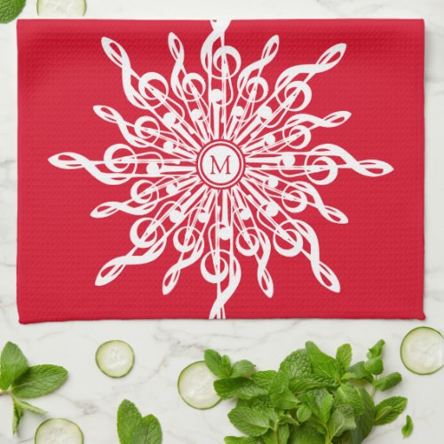 Christmas Red Ornamental Monogram G_Clef Snowflake Kitchen Towel