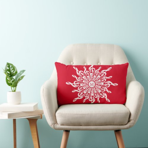 Christmas Red Ornamental Monogram G_Clef Snowflake Lumbar Pillow