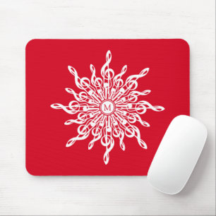 Christmas Red Ornamental Monogram G-Clef Snowflake Mouse Pad