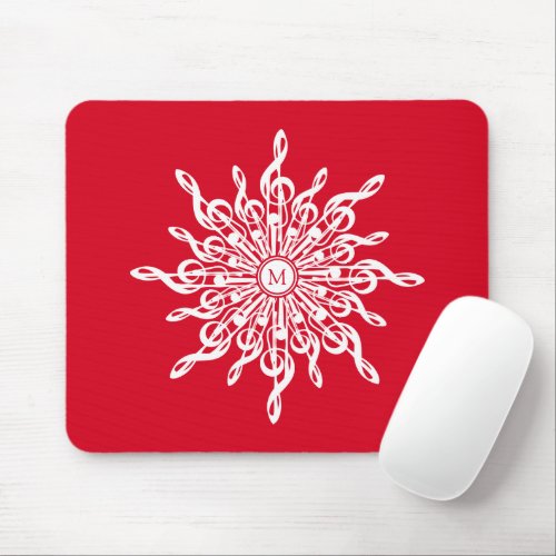 Christmas Red Ornamental Monogram G_Clef Snowflake Mouse Pad