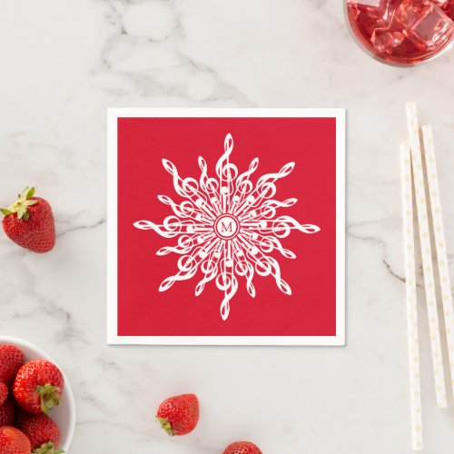 Christmas Red Ornamental Monogram G_Clef Snowflake Napkins