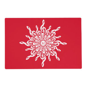 Christmas Red Ornamental Monogram G-Clef Snowflake Placemat