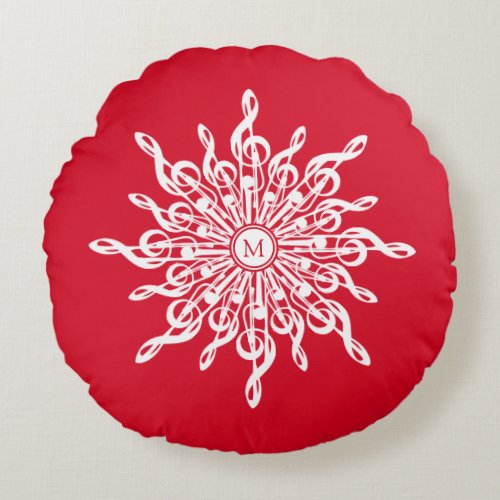 Christmas Red Ornamental Monogram G_Clef Snowflake Round Pillow