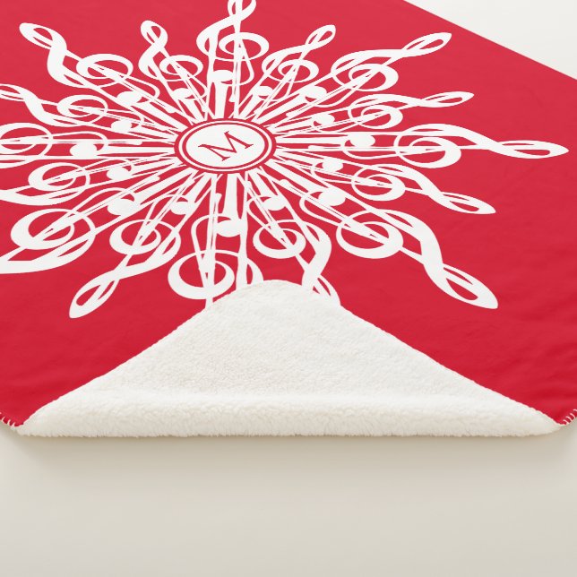 Christmas Red Ornamental Monogram G-Clef Snowflake Sherpa Blanket (3/4)