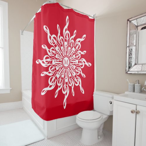 Christmas Red Ornamental Monogram G_Clef Snowflake Shower Curtain