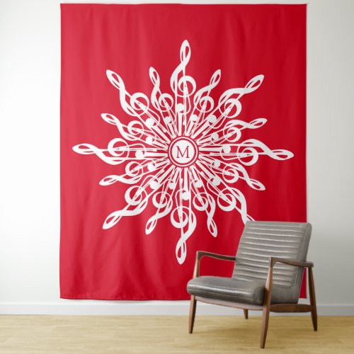 Christmas Red Ornamental Monogram G_Clef Snowflake Tapestry