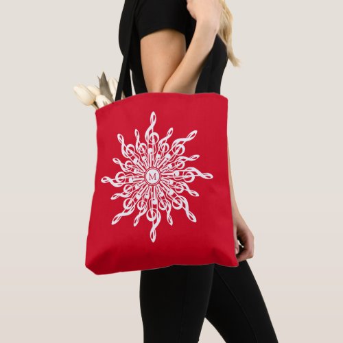 Christmas Red Ornamental Monogram G_Clef Snowflake Tote Bag