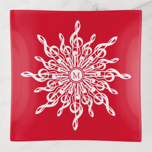 Christmas Red Ornamental Monogram G_Clef Snowflake Trinket Tray