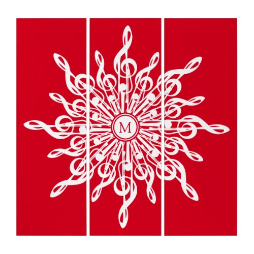 Christmas Red Ornamental Monogram G_Clef Snowflake Triptych