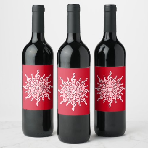 Christmas Red Ornamental Monogram G_Clef Snowflake Wine Label