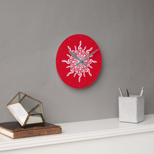 Christmas Red Ornamental Treble Clef Snowflake Round Clock