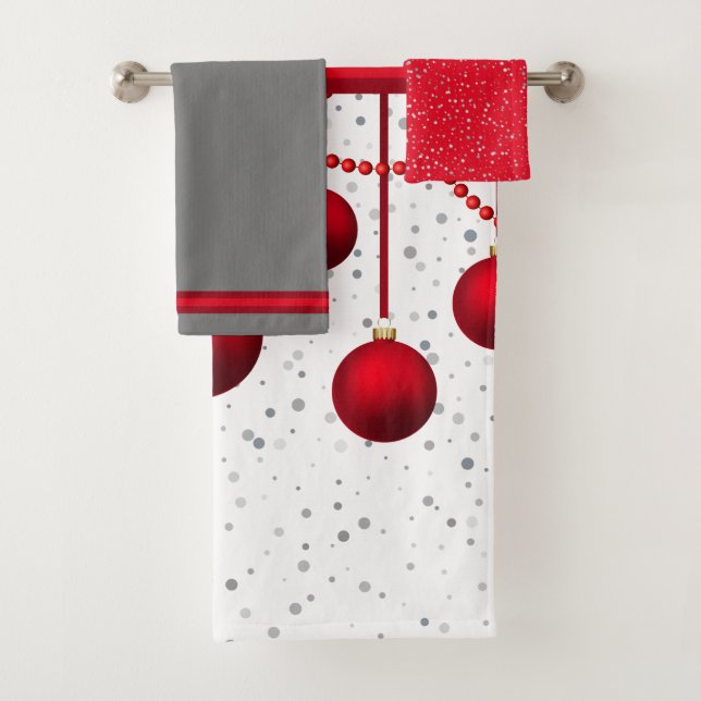 Christmas Red Ornaments and Beads Bath Towel Set (Insitu)
