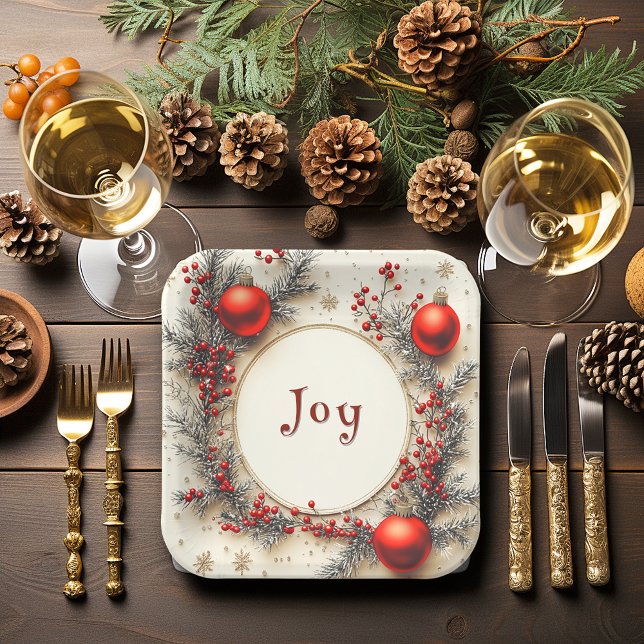 Christmas Red Ornaments Berries Snowflakes Paper Plates (Creator Uploaded)