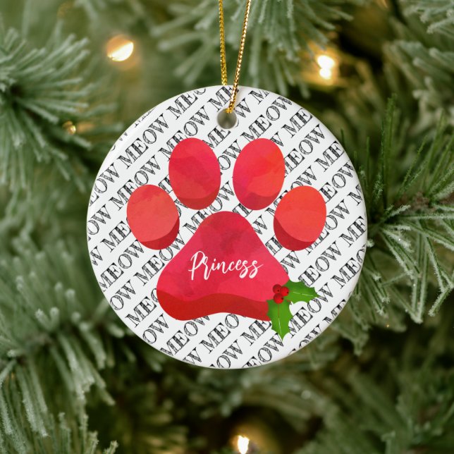 Christmas Red Paw Print MEOW Cat NAME Holly Fun Ceramic Ornament (Tree)