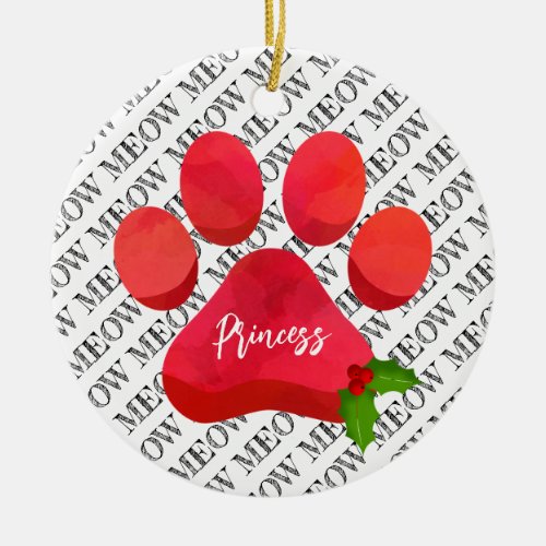 Christmas Red Paw Print Meow Cat Name Holly Fun Ceramic Ornament