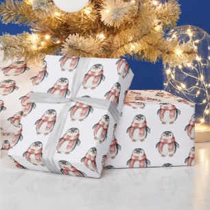 Christmas Red Peppermint Penguins Wrapping Paper