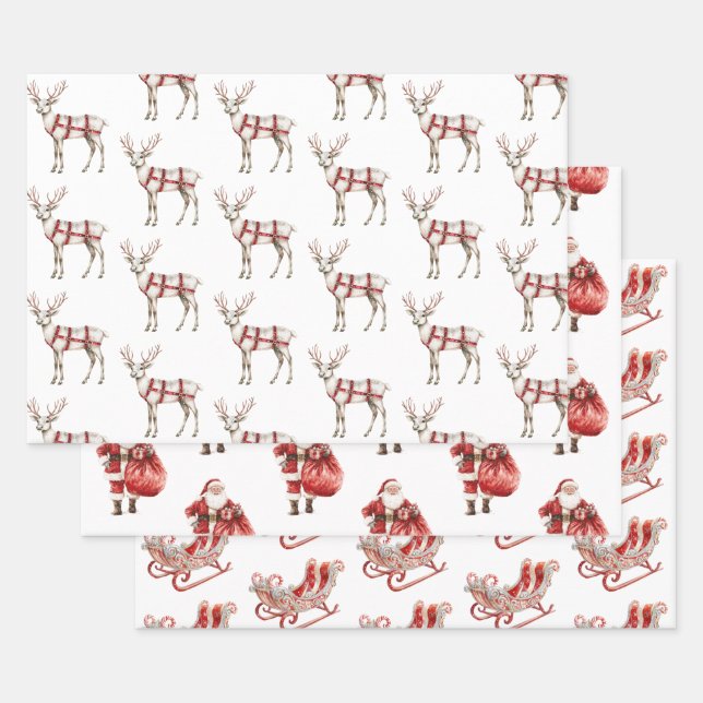 Christmas Red Peppermint Reindeer Santa Sleigh Wrapping Paper Sheets (Set)