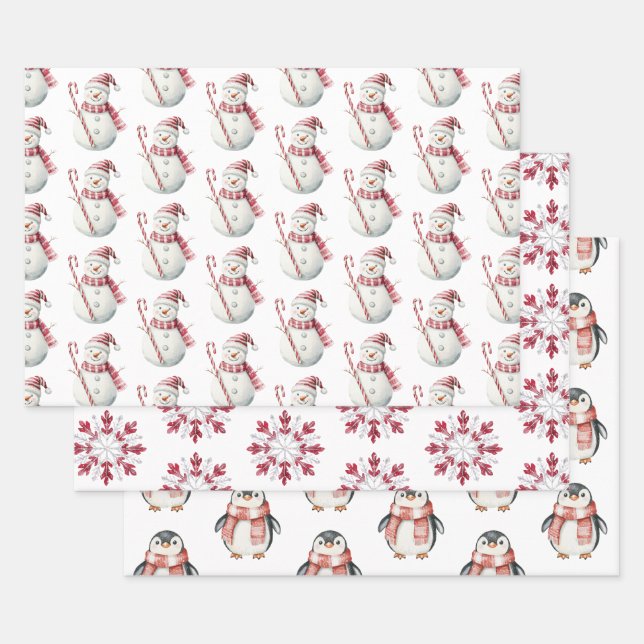 Christmas Red Peppermint Snowman Snowflake Penguin Wrapping Paper Sheets (Set)