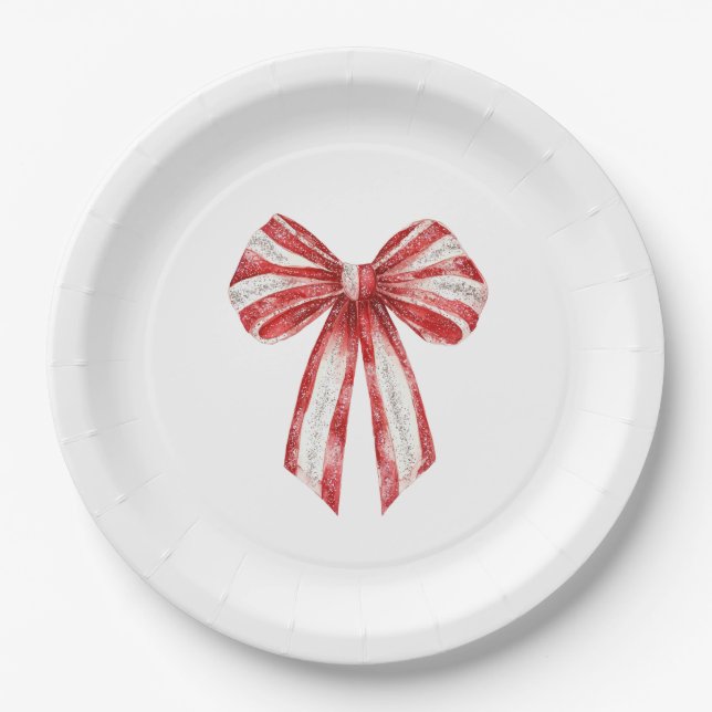Christmas Red Peppermint White Bows  Paper Plates (Front)