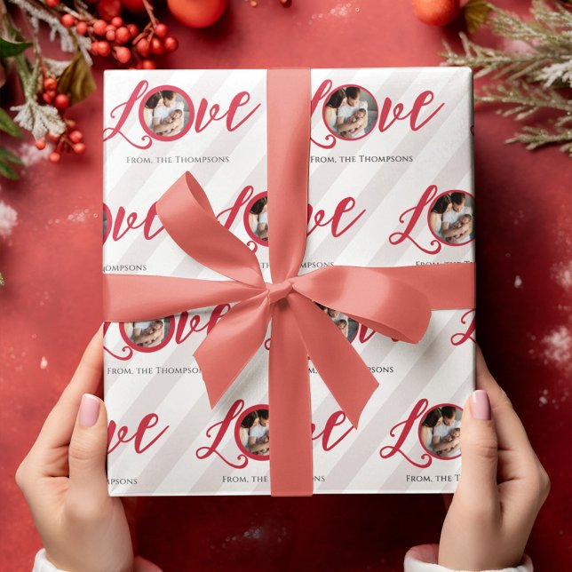 Christmas Red Photo Typography Wrapping Paper (Whimsical "Love" typography photo wrapping paper with red calligraphy)