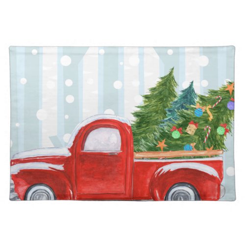 Christmas Red PickUp Truck on a Snowy Road Cloth Placemat
