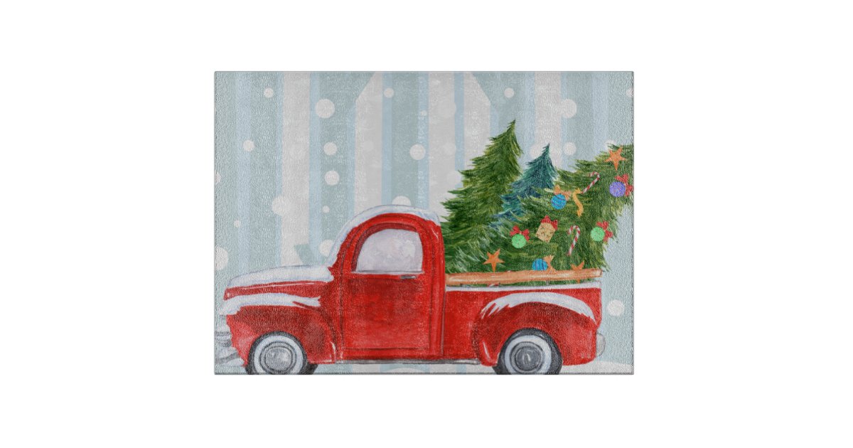 Christmas Red Pickup Truck On A Snowy Road Cutting Board