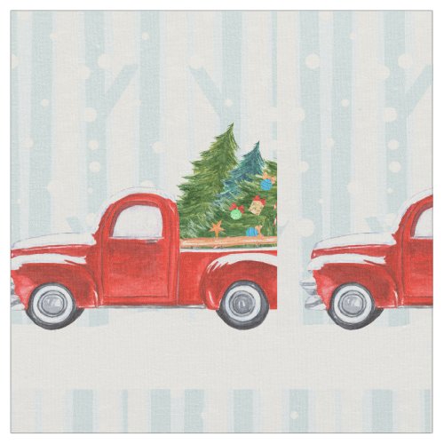 Christmas Red PickUp Truck on a Snowy Road Fabric