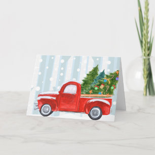 Christmas Red PickUp Truck on a Snowy Road Holiday Card