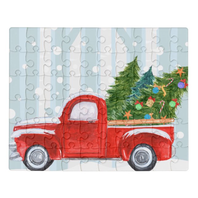 Christmas Red PickUp Truck on a Snowy Road Jigsaw Puzzle (Puzzle Horizontal)