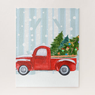 Christmas Red PickUp Truck on a Snowy Road Jigsaw Puzzle