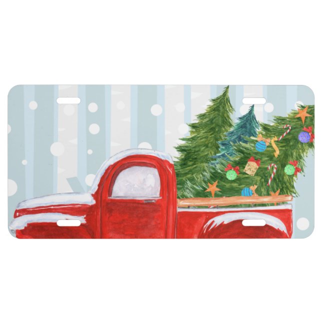 Christmas Red PickUp Truck on a Snowy Road License Plate (Front)