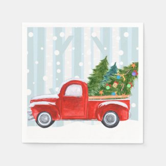 Christmas Red PickUp Truck on a Snowy Road Napkin