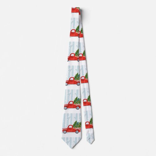 Christmas Red PickUp Truck on a Snowy Road Neck Tie