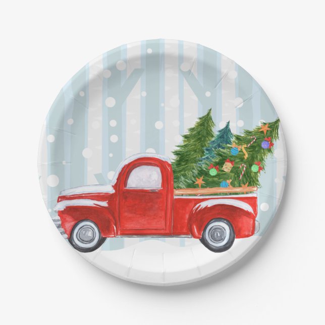 Christmas Red PickUp Truck on a Snowy Road Paper Plates (Front)