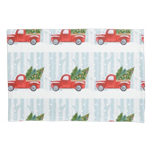 Christmas Red PickUp Truck on a Snowy Road Pillowcase