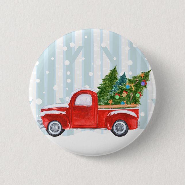 Christmas Red PickUp Truck on a Snowy Road Pinback Button (Front)