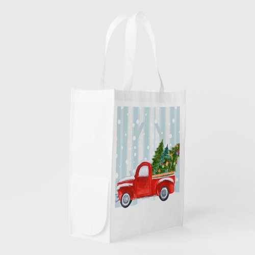 Christmas Red PickUp Truck on a Snowy Road Reusable Grocery Bag