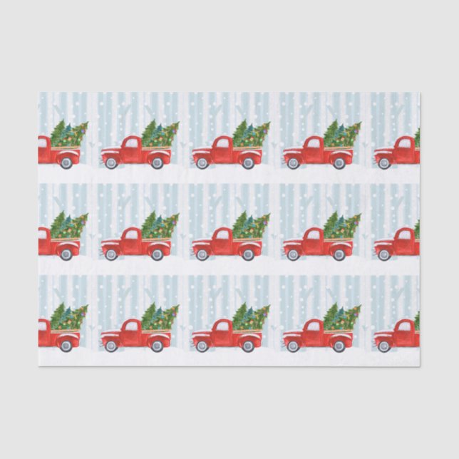 Christmas Red PickUp Truck on a Snowy Road Tissue Paper (Front)