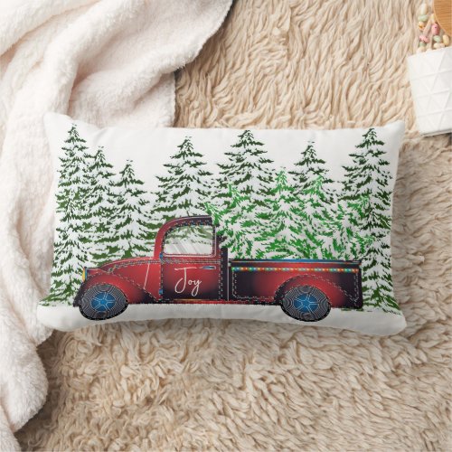 Christmas Red Pickup Truck Pine Trees Joy  Lumbar Pillow