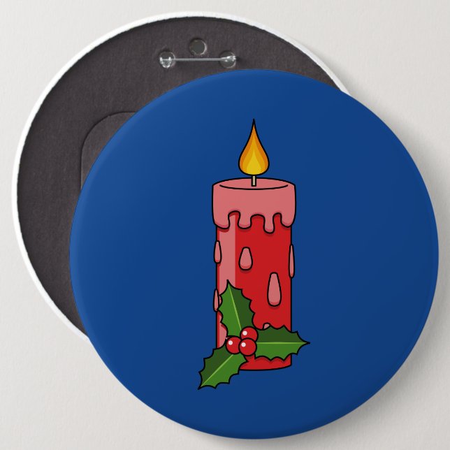 Christmas Red Pillar Candle with Holly Button (Front & Back)