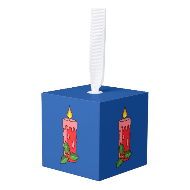 Christmas Red Pillar Candle with Holly Cube Ornament (Front Angled)