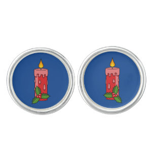 Christmas Red Pillar Candle with Holly Cufflinks