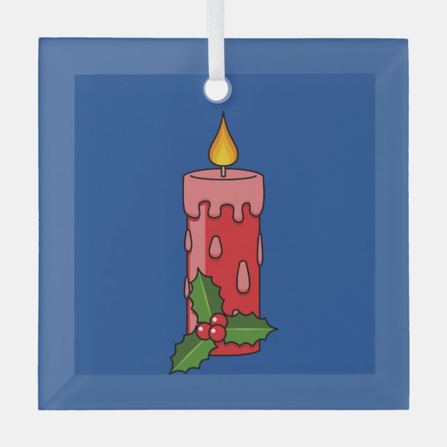 Christmas Red Pillar Candle with Holly Glass Ornament (Front)