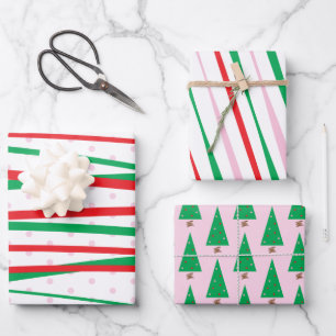Christmas Red Pink Green Modern Stripes Wrapping Paper Sheets