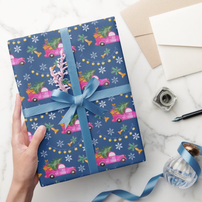 Christmas Red Pink Truck With Tree And Wishes Wrapping Paper (Gifting)