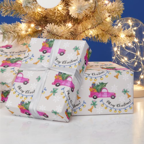 Christmas Red Pink Truck With Tree And Wishes Wrapping Paper