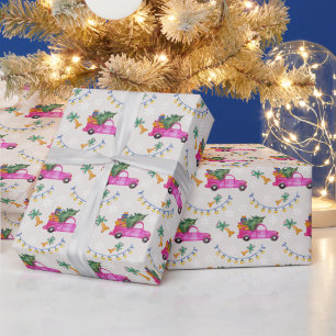 Christmas Red Pink Truck With Tree And Wishes Wrapping Paper