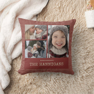 Christmas Red Plaid Family Photo Collage Throw Pillow